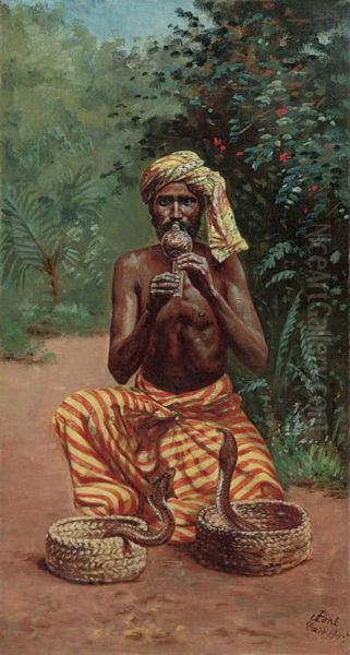 A Snake Charmer Oil Painting by A. Pohl