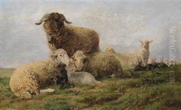 Sheepin The Pasture Oil Painting by Charles Henry Poingdestre