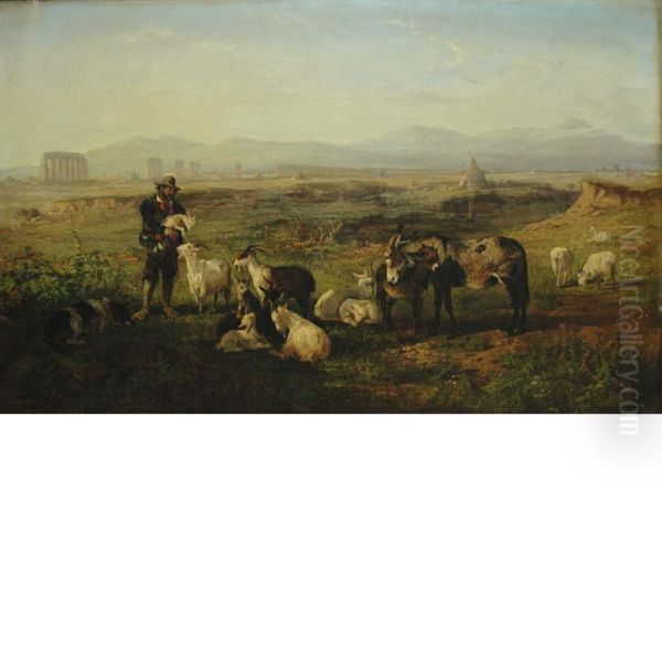 A Shepherd And His Flock At Rest Oil Painting by Charles Henry Poingdestre