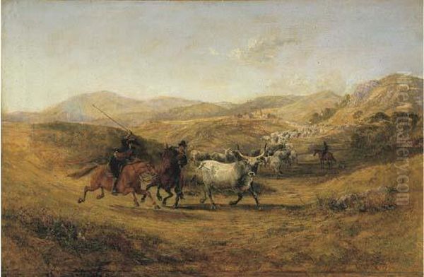 Butteri E Bovini Al Pascolo Oil Painting by Charles Henry Poingdestre