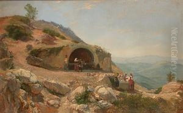 Woman Washing Laundry On A Mediterranean Hillside Oil Painting by Charles Henry Poingdestre