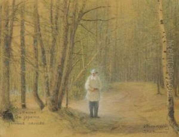 Leo Tolstoy In The Zakaz Forest Oil Painting by Ivan Pavlovich Pokhitonov