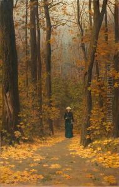 Woman Walking On A Forest Path Oil Painting by Vasily Dimitrievich Polenoff