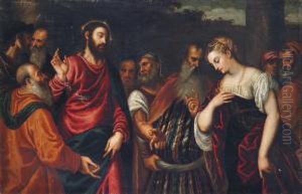 Christ And The Adulteress Oil Painting by Polidoro Lanzani (see Polidoro Da Lanciano)