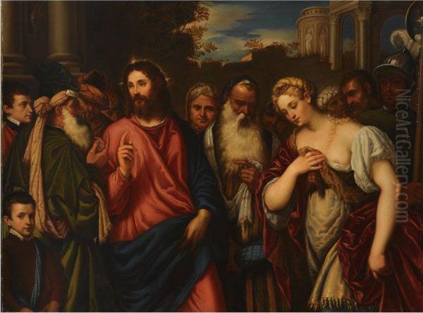 Christ And The Adulteress Oil Painting by Polidoro Lanzani (see Polidoro Da Lanciano)