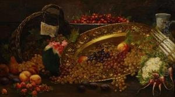 A Still Life With Grapes In A Basket And Cherries, Peaches And Plums On A Table Oil Painting by August Pollak