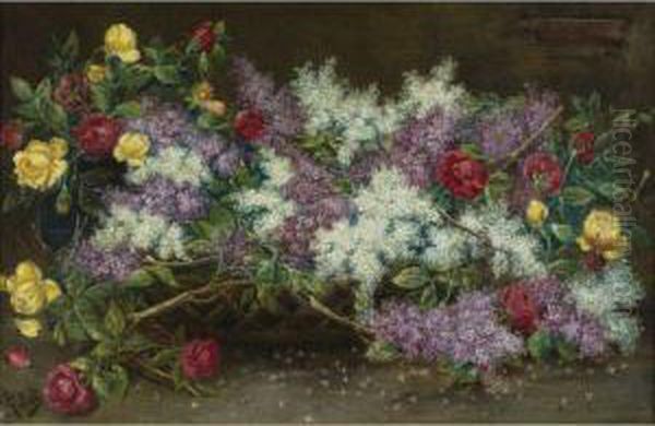 Lilacs And Roses Oil Painting by August Pollak