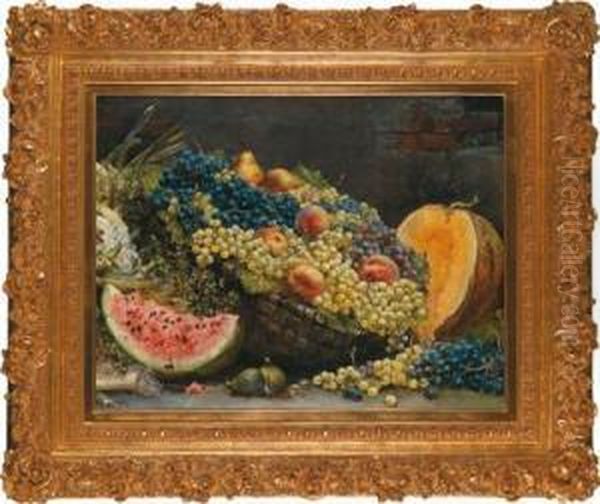 Large Still Life With Grapes And Melon Oil Painting by August Pollak