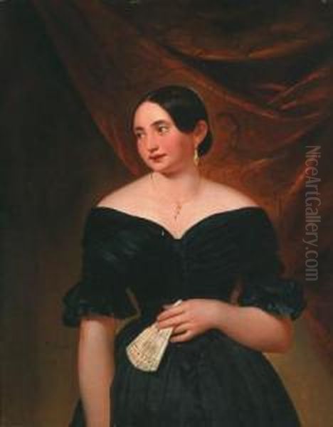 Portrait Of A Lady With Fan Oil Painting by Leopold Pollak