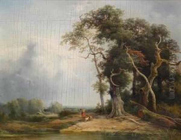 Bewaldete Landschaft Mit Reisigsammlerin Oil Painting by Wilhelm Pollak