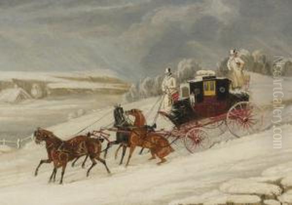 The London-glasgow Royal Mail Coach Descending A Hill In A Snowstorm Oil Painting by James Pollard