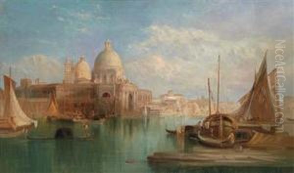 Venetian Scene - View Of Santa Maria Della Salute Oil Painting by Alfred Pollentine