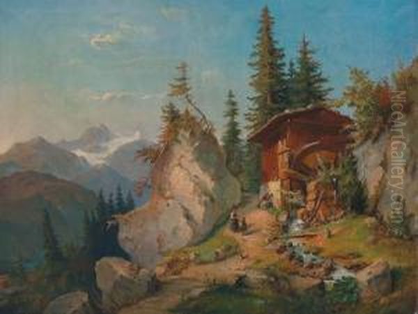 Landscape In The High Mountains With A Water Mill Oil Painting by Felix Pollinger