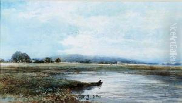 River Landscape With A Fisherman On A Boat Oil Painting by Albert Pollitt