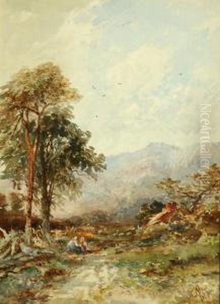 Figures In A Rural Landscape Oil Painting by Albert Pollitt