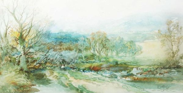 Rural River Scene With Fisherman Sat On The Bank Oil Painting by Albert Pollitt