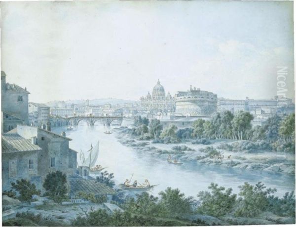 A View Of Rome From Tor Di Nona And The Tiber Looking Towardscastel Sant'angelo And Ponte Degli Angeli And The Basilica Of Stpeter Oil Painting by Simone Pomardi