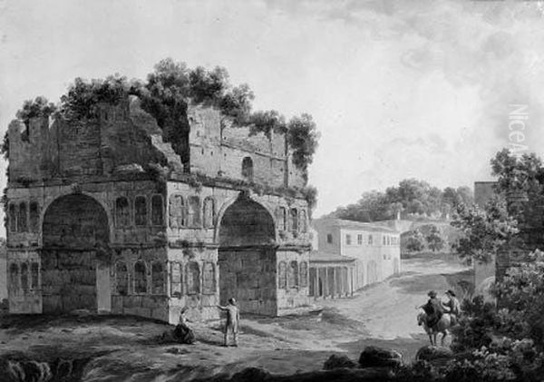 The Tomb Of Cecilia Metella On The Via Appia, Rome; And The Arch Ofjanus On The Via Appia Oil Painting by Simone Pomardi