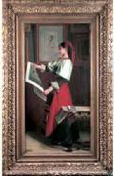 Jeune Fille Admirant Des Gravures Oil Painting by Louis Edmond Pomey