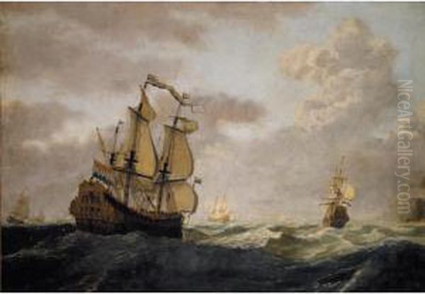 A Squadron Of Dutch Men-of-war In Open Seas Oil Painting by Gerrit Pompe