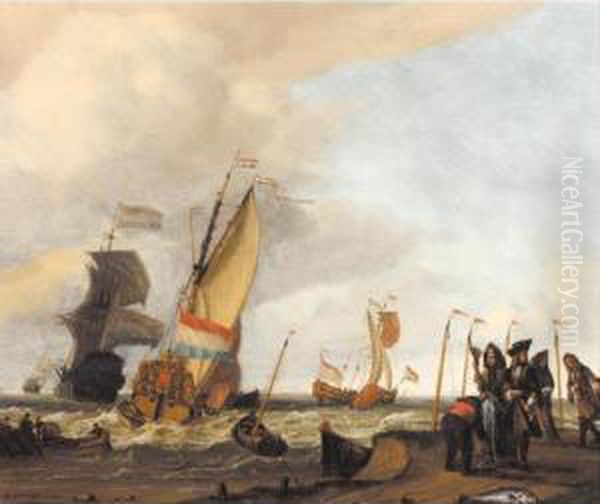 Dutch Shipping In Rough Seas Off The Coast, With A Man Selling Fish On Shore Oil Painting by Gerrit Pompe