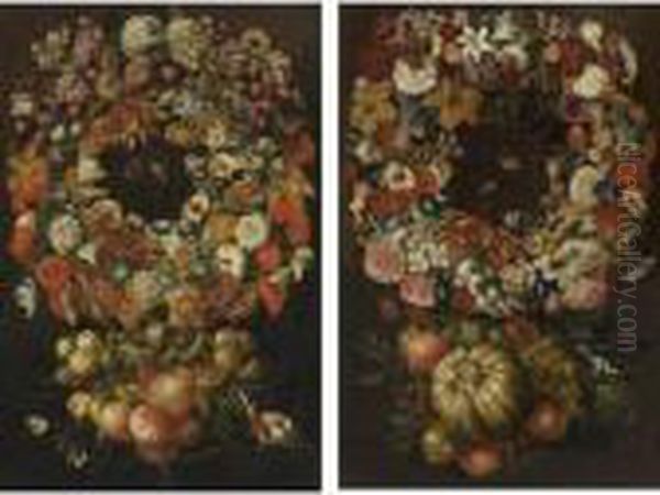 A Garland Of Flowers With A Melon Oil Painting by Antonio Ponce