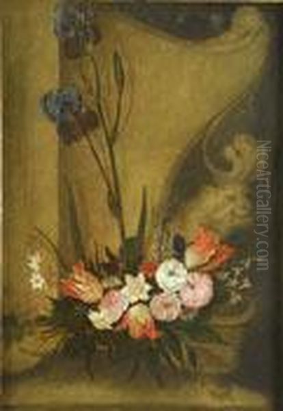 Flores Sobre Fuentes Ornamentales Oil Painting by Antonio Ponce