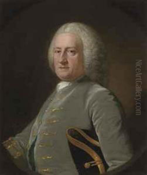 Portrait Of A Gentleman, Half-length, In A Grey Coat And A Tricornhat Under His Left Arm Oil Painting by Arthur Pond