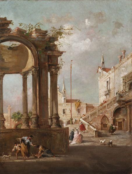 Capriccio Architettonico Con Tempietto Classico In Rovina E Cortile Di Palazzo Oil Painting by Giuseppe Ponga