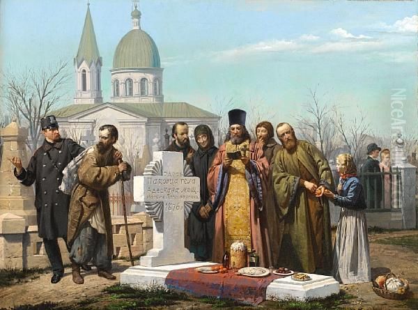 Commemorative Feast At The Cemetery In The Week Of St. Thomas Oil Painting by Matvei Prokof Evich Ponomarenko