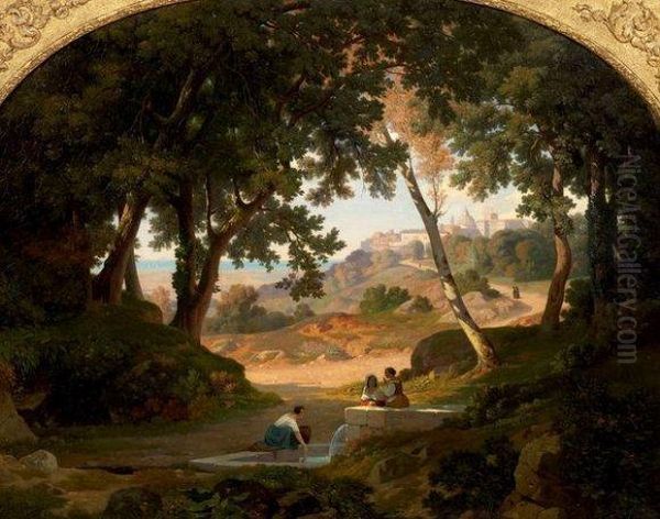 Italiennes S'abreuvant A Une Fontaine Oil Painting by Antoine Ponthus-Cinier