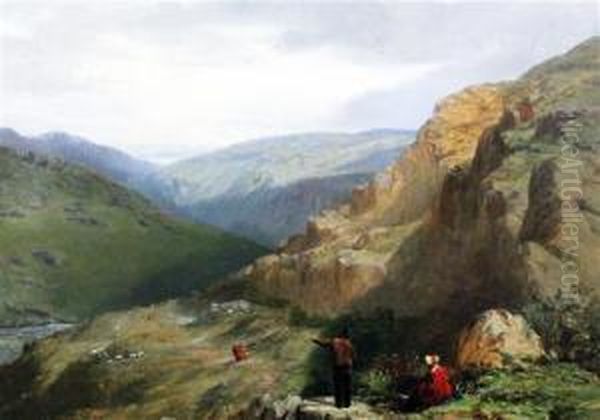 Travellers In A Mountain Landscape Oil Painting by James Poole