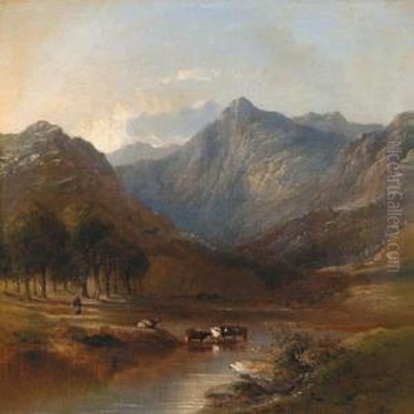 Mountain Lake With Cows And Decorative Figures Oil Painting by James Poole