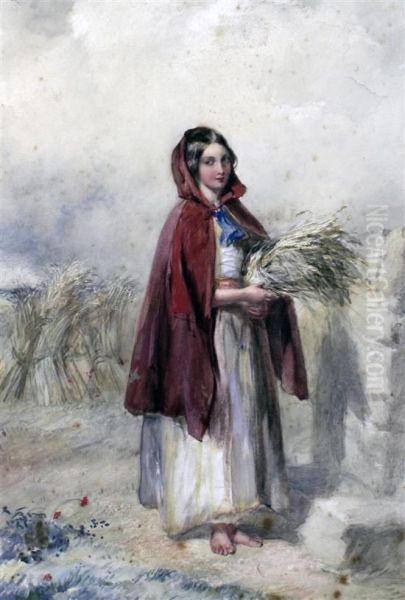 Girl Harvester Wearing A Red Cloak Oil Painting by Paul Falconer Poole