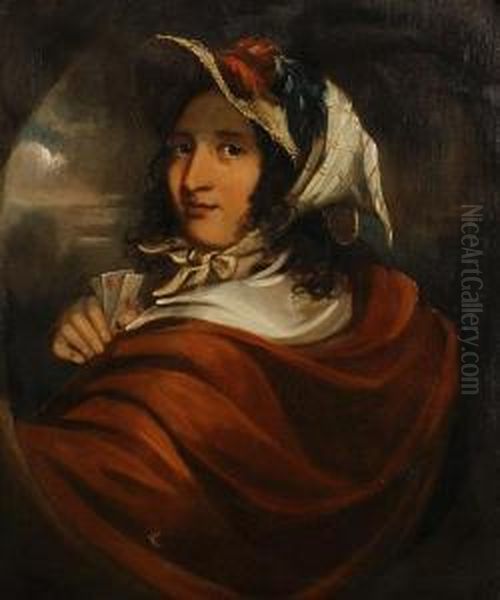 Portrait Of Woman In A Red Cloak Holding Playing Cards Oil Painting by Paul Falconer Poole