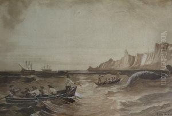 P Evans, Monochromewatercolour, Seascape With Figures In Row Boats, 7ins X 10ins Oil Painting by Thomas Pooly Pooley