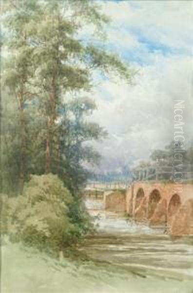 Pope A View Of A Bridge Across A River Oil Painting by Henry Pope