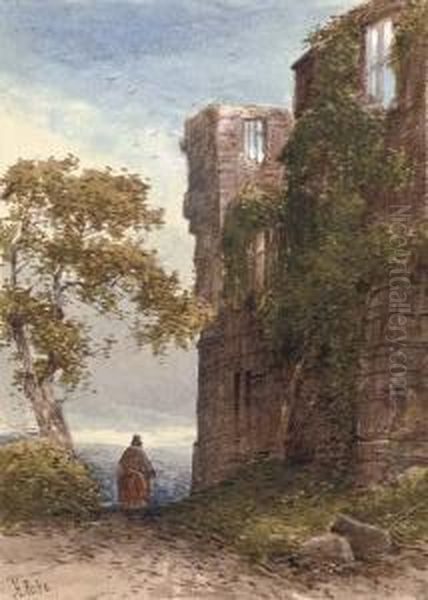 A Traveller Before A Ruined Castle Oil Painting by Henry Martin Pope