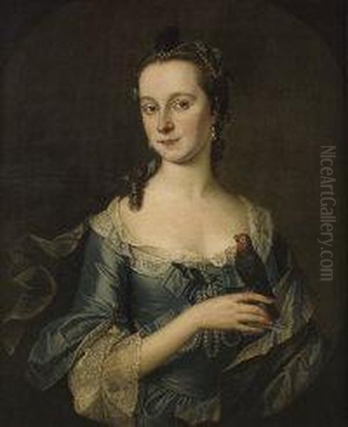 Portrait Of A Lady, Said To Be The Wife Of Sir Robert Travers, Half-length, In A Blue, Lace-edged Dress, With A Parakeet Perched On Her Finger, In A Painted Oval Oil Painting by Thomas Pope