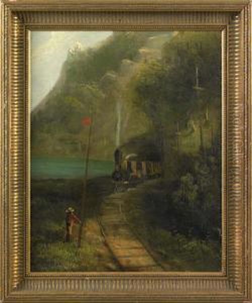 River Landscape With Train And Figure Oil Painting by Thomas Benjamin Pope