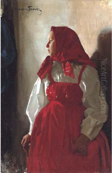 Young Girl In A Red Sarafan Oil Painting by Lukijan Popoff