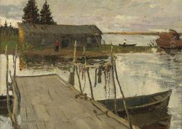 At A Fisherman's Hut Oil Painting by Veniamin Nikolaevich Popov