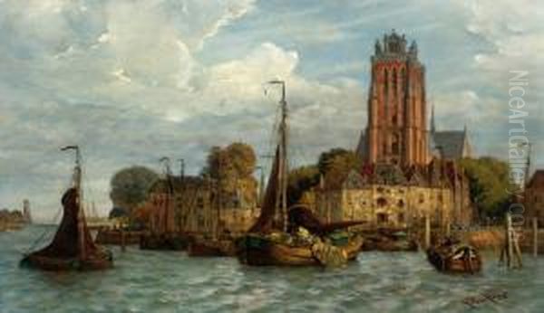 View Of Dordrecht Seen From The Water With The 'grote Kerk' In The Background Oil Painting by Fedor Poppe