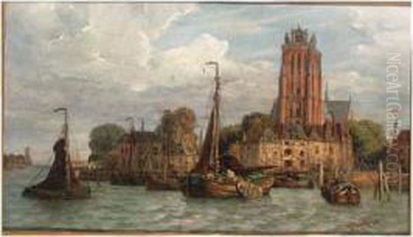 A View Of Dordrecht With Tjalken Moored Along The Quay Oil Painting by Fedor Poppe