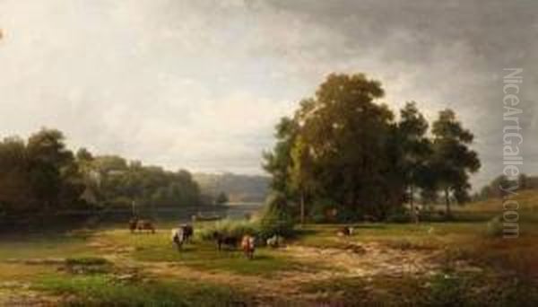 In The Meadows Near Traunstein In Bavaria Oil Painting by Rudolf Poppel