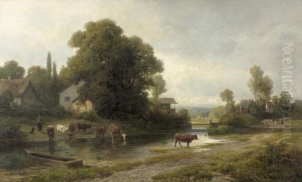 Bauerin Mit Rindern Bei Der Tranke An Einem Fluss. Oil Painting by Rudolf Poppel