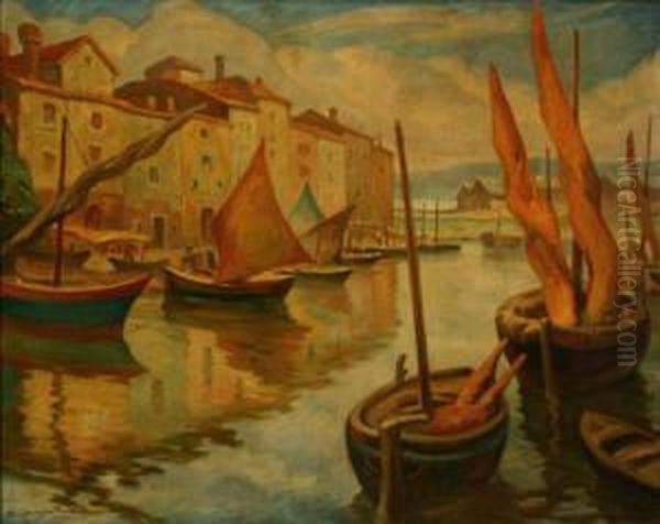 Italian Harbor Scene Oil Painting by Stanislaus Pociecha Poray