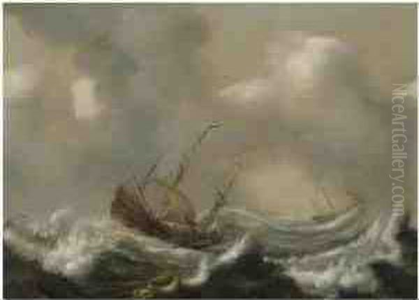 Two Ships In A Storm Oil Painting by Jan Porcellis