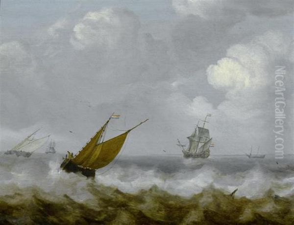 Ships On A Stormy Sea. Oil Painting by Julius Porcellis