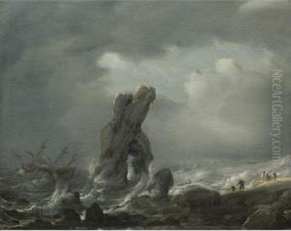 Ships In Distress Off A Rocky Coast Oil Painting by Julius Porcellis